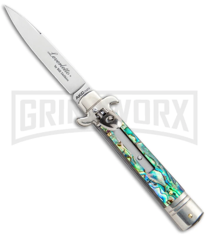 AKC 7.75" Leverletto Abalone Automatic Knife - Flat AKC 7.75" Leverletto Abalone Automatic Knife - Flat -Grindworx Shop AKC Leverletto 7.75 Auto Italian Stiletto Abalone Satin Flat BHQ 104097 jr large