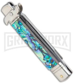 AKC 7.75" Leverletto Abalone Automatic Knife - Flat 2 AKC 7.75" Leverletto Abalone Automatic Knife - Flat -Grindworx Shop AKC Leverletto 7.75 Auto Italian Stiletto Abalone Satin Flat BHQ 104097 jr side large