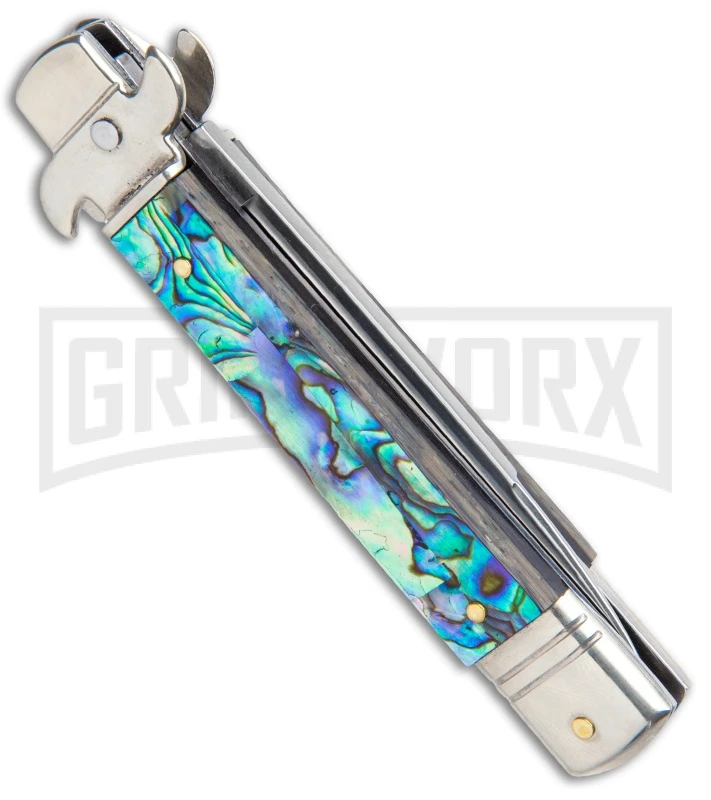 AKC 7.75" Leverletto Abalone Automatic Knife - Flat AKC 7.75" Leverletto Abalone Automatic Knife - Flat -Grindworx Shop AKC Leverletto 7.75 Auto Italian Stiletto Abalone Satin Flat BHQ 104097 jr side large
