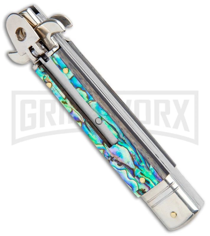 AKC 7.75" Leverletto Abalone Automatic Knife - Flat AKC 7.75" Leverletto Abalone Automatic Knife - Flat -Grindworx Shop AKC Leverletto 7.75 Auto Italian Stiletto Abalone Satin Flat BHQ 104097 jr spine large