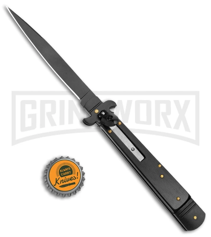 AKC 9" Tactical Leverletto Black Automatic Knife - Flat Grind AKC 9" Tactical Leverletto Black Automatic Knife - Flat Grind -Grindworx Shop AKC Leverletto 9in LL Auto Italian Black Black BHQ 50877 jr bottlecap large