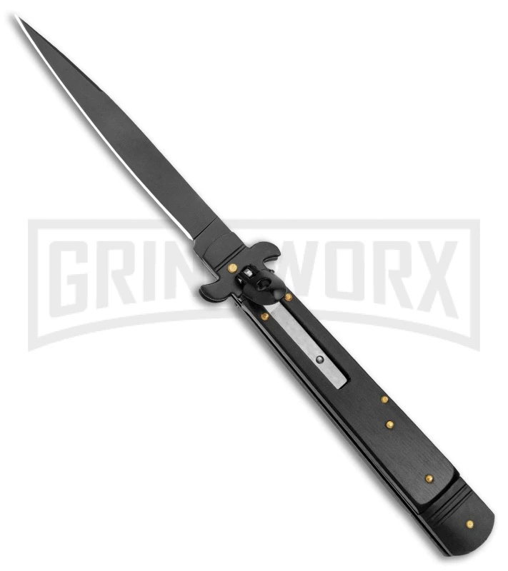 AKC 9" Tactical Leverletto Black Automatic Knife - Flat Grind AKC 9" Tactical Leverletto Black Automatic Knife - Flat Grind -Grindworx Shop AKC Leverletto 9in LL Auto Italian Black Black BHQ 50877 jr large