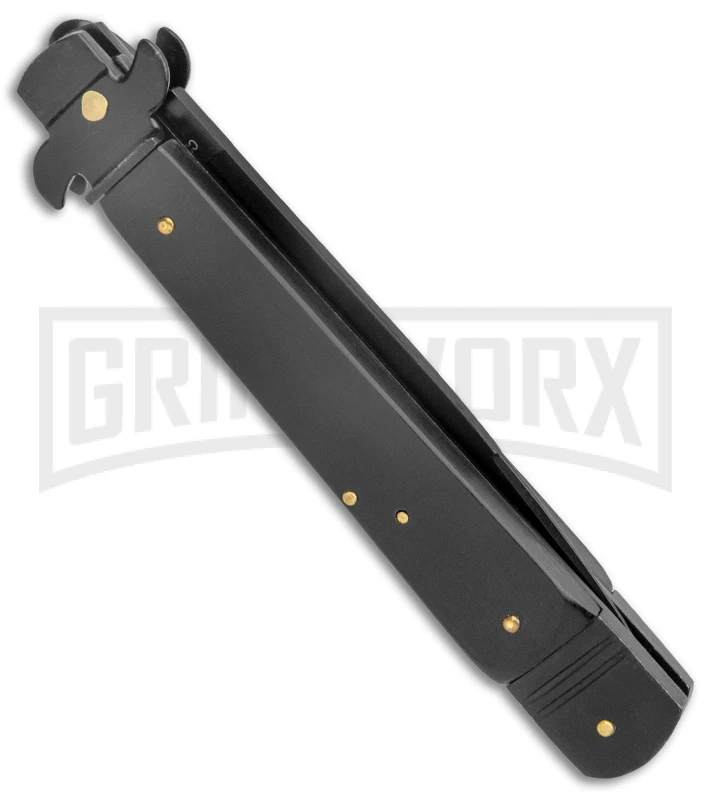 AKC 9" Tactical Leverletto Black Automatic Knife - Flat Grind AKC 9" Tactical Leverletto Black Automatic Knife - Flat Grind -Grindworx Shop AKC Leverletto 9in LL Auto Italian Black Black BHQ 50877 jr side large