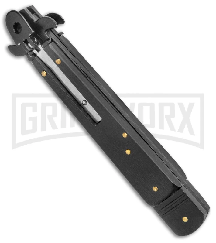 AKC 9" Tactical Leverletto Black Automatic Knife - Flat Grind AKC 9" Tactical Leverletto Black Automatic Knife - Flat Grind -Grindworx Shop AKC Leverletto 9in LL Auto Italian Black Black BHQ 50877 jr spine large