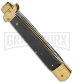 AKC 9" Leverletto Ebony Wood Brass Automatic Knife - Flat Grind -Grindworx Shop AKC Leverletto 9in LL Auto Italian Brass Ebony Wood Satin BHQ 50869 jr side large