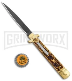AKC 9" Leverletto Stag Horn Brass Black Automatic Knife - Flat Grind -Grindworx Shop AKC Leverletto 9in LL Auto Italian Brass Stag Horn Black BHQ 135092 jr bottlecap large