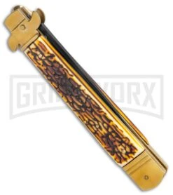 AKC 9" Leverletto Stag Horn Brass Black Automatic Knife - Flat Grind -Grindworx Shop AKC Leverletto 9in LL Auto Italian Brass Stag Horn Black BHQ 135092 jr side large