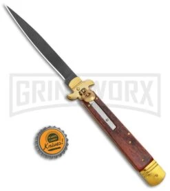 AKC 9" Leverletto Wood Brass Black Automatic Knife - Flat Grind -Grindworx Shop AKC Leverletto 9in LL Auto Italian Brass Wood Black BHQ 135093 jr bottlecap large