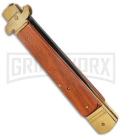 AKC 9" Leverletto Wood Brass Black Automatic Knife - Flat Grind -Grindworx Shop AKC Leverletto 9in LL Auto Italian Brass Wood Black BHQ 135093 jr side large