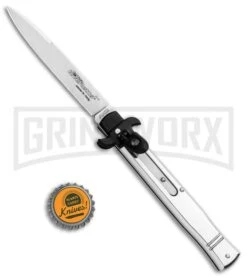 AKC 9" Tactical Leverletto Polished Silver Automatic Knife - Satin Flat Grind -Grindworx Shop AKC Leverletto 9in LL Auto Italian Polished Silver Satin BHQ 86766 jr bottlecap large