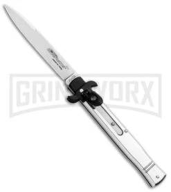 AKC 9" Tactical Leverletto Polished Silver Automatic Knife - Satin Flat Grind