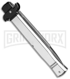 AKC 9" Tactical Leverletto Polished Silver Automatic Knife - Satin Flat Grind -Grindworx Shop AKC Leverletto 9in LL Auto Italian Polished Silver Satin BHQ 86766 jr side large