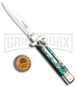 AKC 7.75" Leverletto Abalone Automatic Knife - Bayonet -Grindworx Shop AKC Leverletto Abalone Auto Bayo BHQ 92874 jr bottlecap large