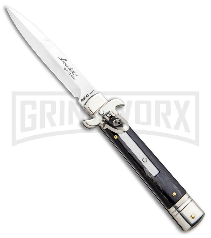 AKC 7.75" Leverletto Dark Horn Automatic Knife - Satin Bayonet AKC 7.75" Leverletto Dark Horn Automatic Knife - Satin Bayonet -Grindworx Shop AKC Leverletto LL Auto Dark Horn Bayo GX 0299 jr large