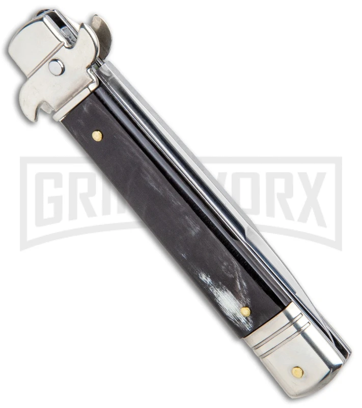 AKC 7.75" Leverletto Dark Horn Automatic Knife - Satin Bayonet AKC 7.75" Leverletto Dark Horn Automatic Knife - Satin Bayonet -Grindworx Shop AKC Leverletto LL Auto Dark Horn Bayo GX 0299 jr side large