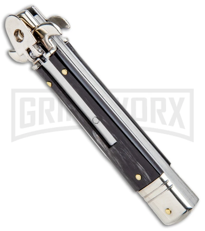 AKC 7.75" Leverletto Dark Horn Automatic Knife - Satin Bayonet AKC 7.75" Leverletto Dark Horn Automatic Knife - Satin Bayonet -Grindworx Shop AKC Leverletto LL Auto Dark Horn Bayo GX 0299 jr spine large