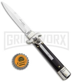 AKC 7.75" Leverletto Ebony Automatic Knife - Satin Bayonet -Grindworx Shop AKC Leverletto LL Auto Ebony Bayo BHQ 92878 jr bottlecap large