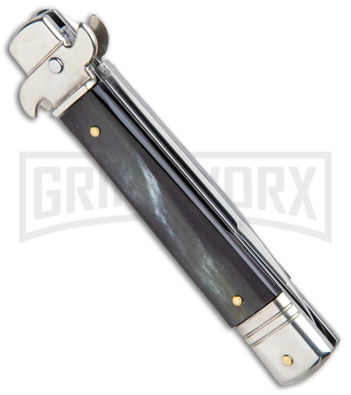 AKC 7.75" Leverletto Honey Horn Automatic Knife - Satin Bayonet AKC 7.75" Leverletto Honey Horn Automatic Knife - Satin Bayonet -Grindworx Shop AKC Leverletto LL Auto Honey Horn Bayo BHQ 92872 jr side large