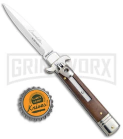 AKC 7.75" Bill DeShivs Leverletto Cocobolo Auto Knife - Satin Plain Bayonet 3 AKC 7.75" Bill DeShivs Leverletto Cocobolo Auto Knife - Satin Plain Bayonet -Grindworx Shop AKC Leverletto LL Auto Italian Cocobolo Satin Bayo BHQ 139808 jr bottlecap large