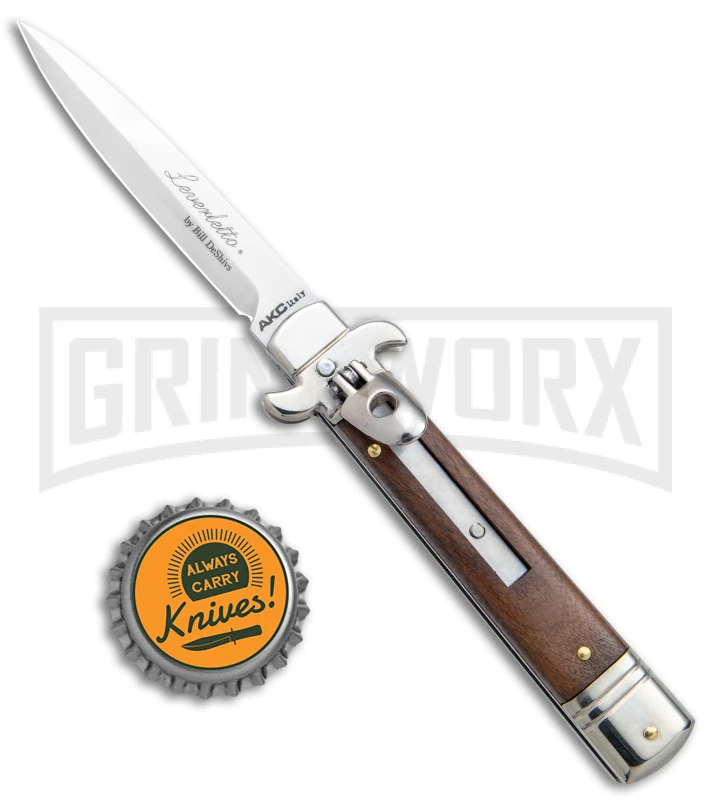 AKC 7.75" Bill DeShivs Leverletto Cocobolo Auto Knife - Satin Plain Bayonet AKC 7.75" Bill DeShivs Leverletto Cocobolo Auto Knife - Satin Plain Bayonet -Grindworx Shop AKC Leverletto LL Auto Italian Cocobolo Satin Bayo BHQ 139808 jr bottlecap large