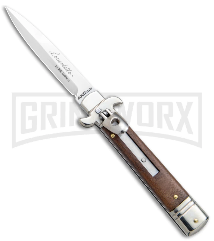 AKC 7.75" Bill DeShivs Leverletto Cocobolo Auto Knife - Satin Plain Bayonet AKC 7.75" Bill DeShivs Leverletto Cocobolo Auto Knife - Satin Plain Bayonet -Grindworx Shop AKC Leverletto LL Auto Italian Cocobolo Satin Bayo BHQ 139808 jr large
