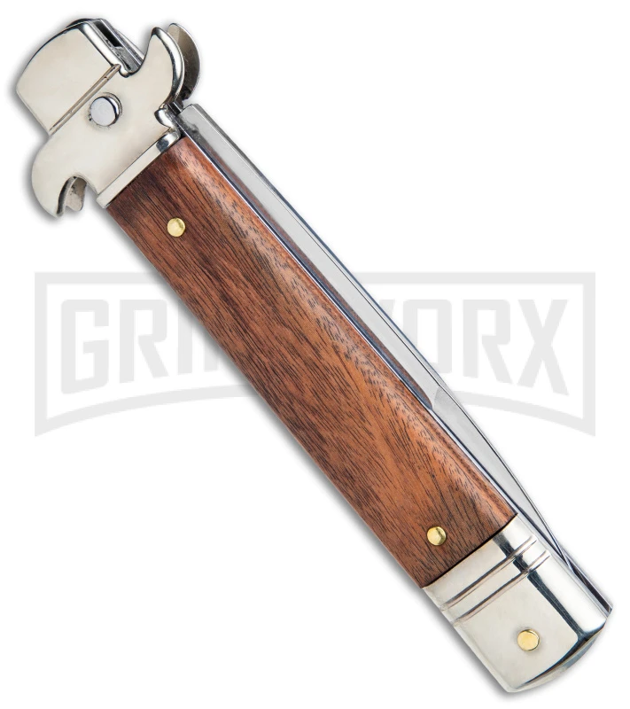 AKC 7.75" Bill DeShivs Leverletto Cocobolo Auto Knife - Satin Plain Bayonet AKC 7.75" Bill DeShivs Leverletto Cocobolo Auto Knife - Satin Plain Bayonet -Grindworx Shop AKC Leverletto LL Auto Italian Cocobolo Satin Bayo BHQ 139808 jr side large