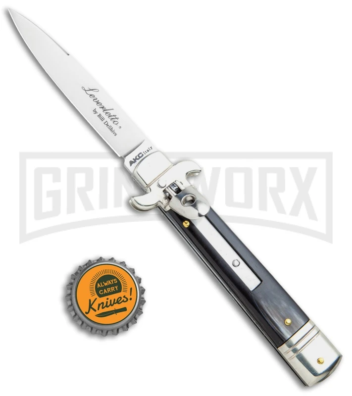 AKC 7.75" Leverletto Dark Horn Automatic Knife - Satin Flat AKC 7.75" Leverletto Dark Horn Automatic Knife - Satin Flat -Grindworx Shop AKC Leverletto LL Auto Italian Dark Horn Satin BHQ 108339 jr bottlecap large