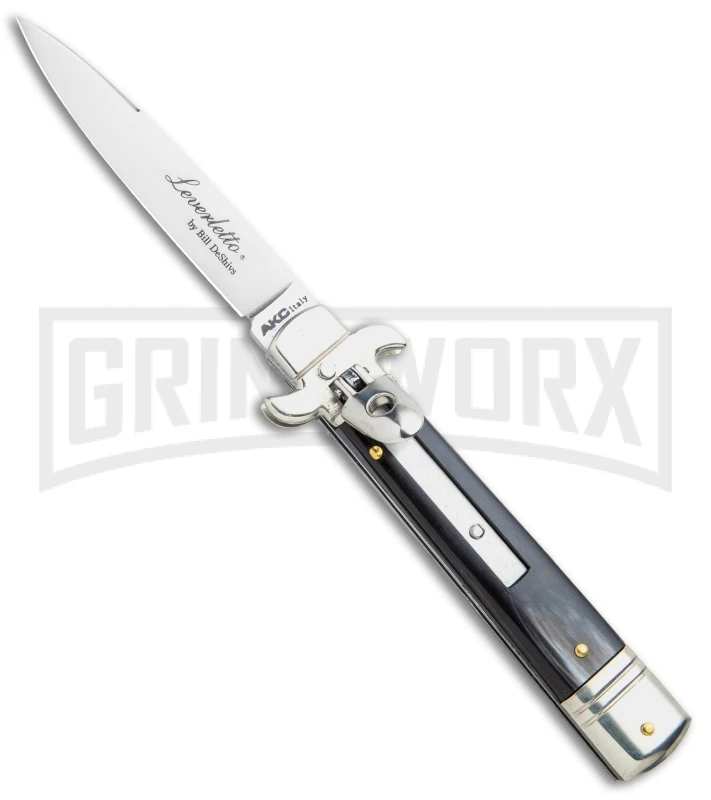 AKC 7.75" Leverletto Dark Horn Automatic Knife - Satin Flat AKC 7.75" Leverletto Dark Horn Automatic Knife - Satin Flat -Grindworx Shop AKC Leverletto LL Auto Italian Dark Horn Satin BHQ 108339 jr large