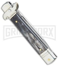 AKC 7.75" Leverletto Dark Horn Automatic Knife - Satin Flat 2 AKC 7.75" Leverletto Dark Horn Automatic Knife - Satin Flat -Grindworx Shop AKC Leverletto LL Auto Italian Dark Horn Satin BHQ 108339 jr side large