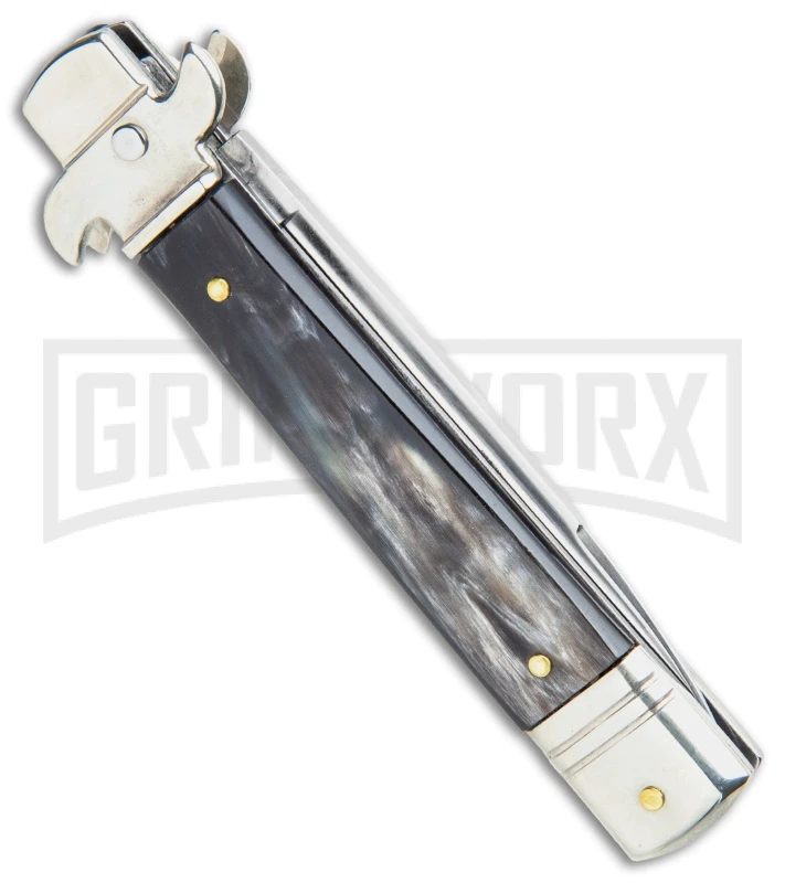 AKC 7.75" Leverletto Dark Horn Automatic Knife - Satin Flat AKC 7.75" Leverletto Dark Horn Automatic Knife - Satin Flat -Grindworx Shop AKC Leverletto LL Auto Italian Dark Horn Satin BHQ 108339 jr side large