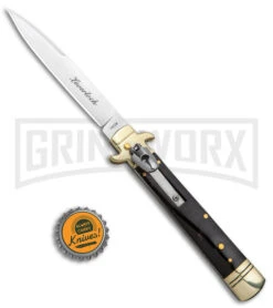 AKC 9" Ebony Leverlock Automatic Stiletto Bayonet Knife - Satin Plain -Grindworx Shop AKC Leverletto LL Ebony Satin Bayo BHQ 139882 jr bottlecap large