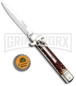 AKC 7.75" Leverletto Stag Automatic Knife - Satin Bayonet -Grindworx Shop AKC Leverletto Stag Auto Bayo GX 33460 jr bottlecap large