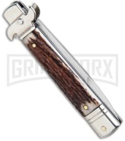 AKC 7.75" Leverletto Stag Automatic Knife - Satin Bayonet -Grindworx Shop AKC Leverletto Stag Auto Bayo GX 33460 jr side large