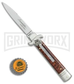 AKC 7.5" Leverletto Snakewood Automatic Knife - Flat Grind -Grindworx Shop AKC Leverletto snakewood flat grind BP 0439 er bottlecap large