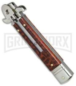 AKC 7.5" Leverletto Snakewood Automatic Knife - Flat Grind -Grindworx Shop AKC Leverletto snakewood flat grind BP 0439 er spine large