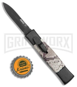 AKC Minion Concord Snake Skin OTF Automatic Knife - Dagger Black Plain -Grindworx Shop AKC Minion Concord OTF Auto Snake Skin Black Dagger BHQ 173568 jr bottlecap large