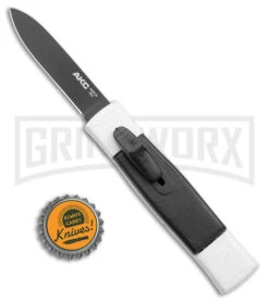 AKC Minion Concord White/Black OTF Automatic Knife - Flat Grind Black Plain -Grindworx Shop AKC Minion Concord White Black OTF Auto Flat Grind Black Plain GX 14514 jr bottlecap large