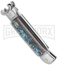 AKC 8" Shot Shell Puller Lever Lock Abalone Automatic Knife - Flat Plain -Grindworx Shop AKC Shot Puller 8in LL Italian Abalone BHQ 68879 jr side large
