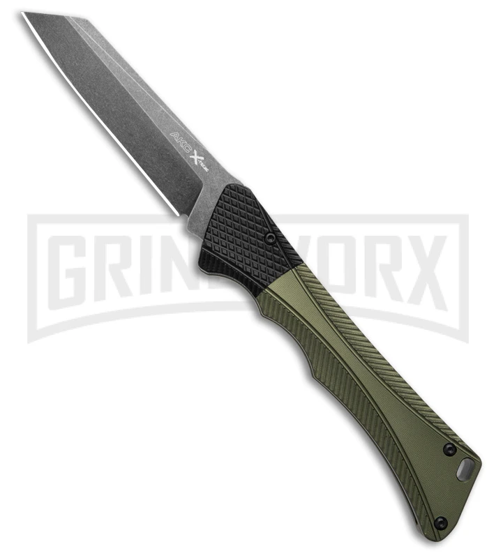 AKC Smarty Green w/Black Bolster Automatic Knife Reverse Tanto - Black SW Plain AKC Smarty Green W/Black Bolster Automatic Knife Reverse Tanto - Black SW Plain -Grindworx Shop AKC Smarty Automatic Knife Green w Black Bolster 3.3in Black Stonewash BHQ 184727 hd large