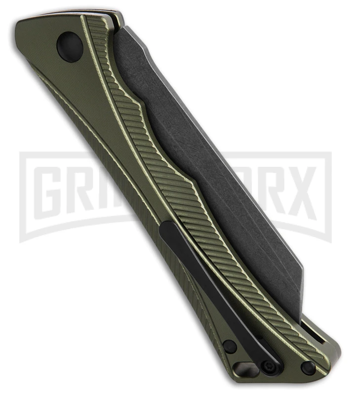 AKC Smarty Green w/Black Bolster Automatic Knife Reverse Tanto - Black SW Plain AKC Smarty Green W/Black Bolster Automatic Knife Reverse Tanto - Black SW Plain -Grindworx Shop AKC Smarty Automatic Knife Green w Black Bolster 3.3in Black Stonewash BHQ 184727 hd side large