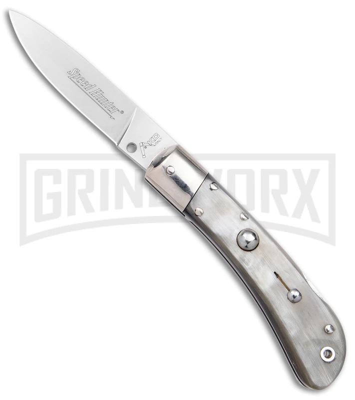 AKC Speed Hunter Dark/Light Horn Automatic Knife - Polish Plain AKC Speed Hunter Dark/Light Horn Automatic Knife - Polish Plain -Grindworx Shop AKC Speed Hunter Auto Italian Knife Dark Horn Polish BHQ 50883 jr large