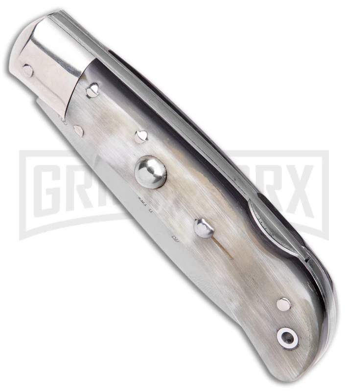 AKC Speed Hunter Dark/Light Horn Automatic Knife - Polish Plain AKC Speed Hunter Dark/Light Horn Automatic Knife - Polish Plain -Grindworx Shop AKC Speed Hunter Auto Italian Knife Dark Horn Polish BHQ 50883 jr spine large