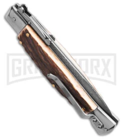 AKC Automatic Swinguard 9" Stag Bayonet Blade - Damascus Plain -Grindworx Shop AKC Stiletto Swinguard Automatic Knife Stag Horn w Sheath 4in Damascus Bayo BHQ 189377 hd side large