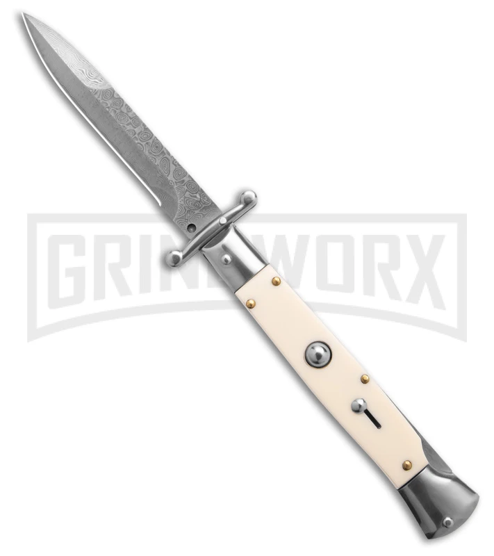 AKC 9" Italian Stiletto Swinguard Sim Ivory Auto Knife w/ Case - Damascus Plain AKC 9" Italian Stiletto Swinguard Sim Ivory Auto Knife W/ Case - Damascus Plain -Grindworx Shop AKC Swinguard 9in Auto italian Stiletto Sim Ivory w Case 4in Damascus Bayonet BHQ 189015 td large