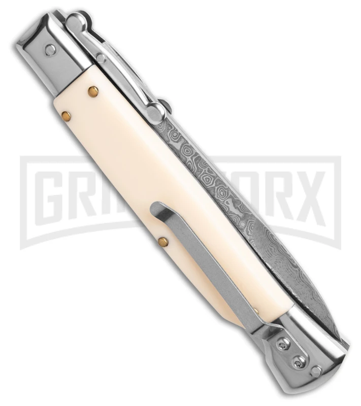 AKC 9" Italian Stiletto Swinguard Sim Ivory Auto Knife w/ Case - Damascus Plain AKC 9" Italian Stiletto Swinguard Sim Ivory Auto Knife W/ Case - Damascus Plain -Grindworx Shop AKC Swinguard 9in Auto italian Stiletto Sim Ivory w Case 4in Damascus Bayonet BHQ 189015 td side large