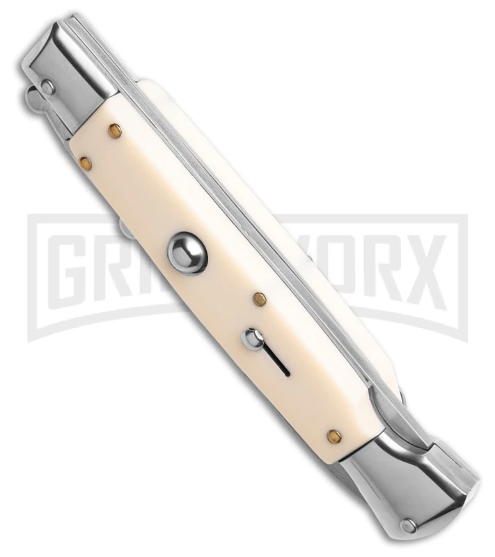 AKC 9" Italian Stiletto Swinguard Sim Ivory Auto Knife w/ Case - Damascus Plain AKC 9" Italian Stiletto Swinguard Sim Ivory Auto Knife W/ Case - Damascus Plain -Grindworx Shop AKC Swinguard 9in Auto italian Stiletto Sim Ivory w Case 4in Damascus Bayonet BHQ 189015 td spine large