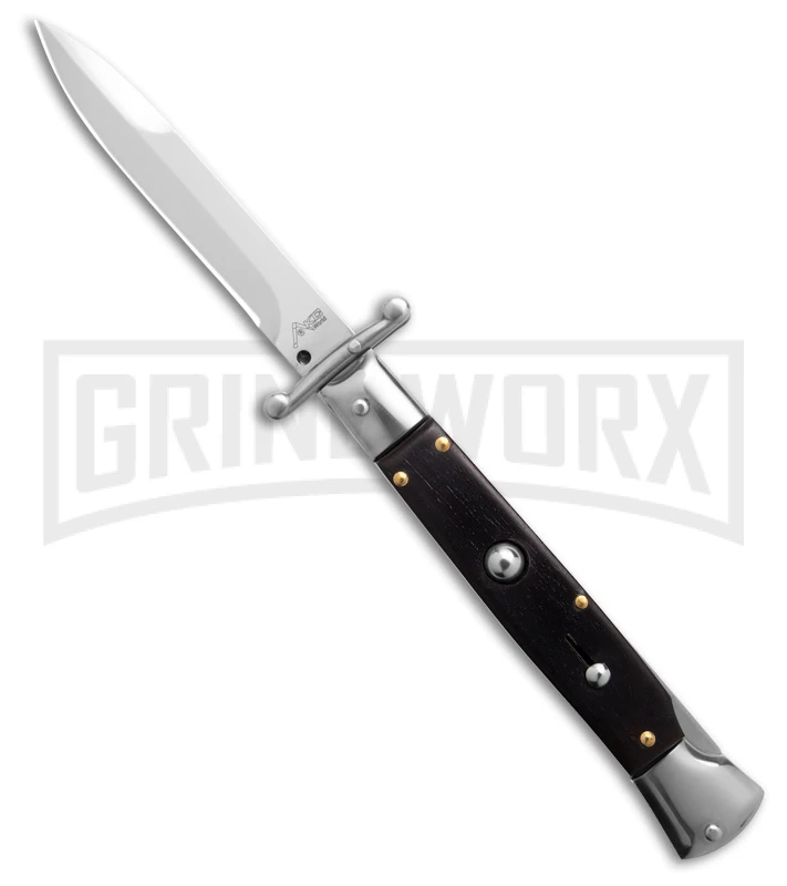 AKC 9" Italian Stiletto Swinguard Ebony Auto Knife w/ Case - Bayonet AKC 9" Italian Stiletto Swinguard Ebony Auto Knife W/ Case - Bayonet -Grindworx Shop AKC Swinguard 9in Automatic Italian Stiletto Ebony 4in Satin Bayonet BHQ 189016 td large