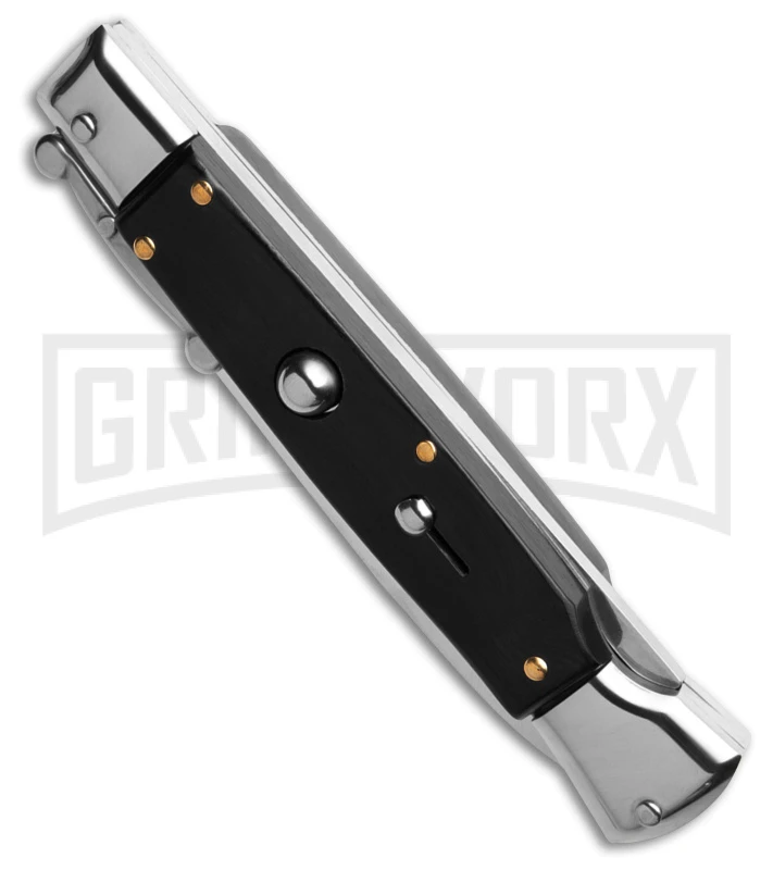 AKC 9" Italian Stiletto Swinguard Ebony Auto Knife w/ Case - Bayonet AKC 9" Italian Stiletto Swinguard Ebony Auto Knife W/ Case - Bayonet -Grindworx Shop AKC Swinguard 9in Automatic Italian Stiletto Ebony 4in Satin Bayonet BHQ 189016 td spine large