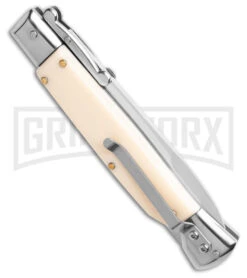 AKC 9" Italian Stiletto Swinguard Sim Ivory Auto Knife W/ Case - Polish Plain -Grindworx Shop AKC Swinguard 9in Automatic Italian Stiletto Sim Ivory with Case 4in Polish Bayonet BHQ 189012 td side large