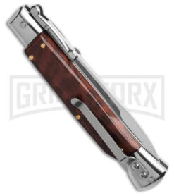 AKC 9" Snakewood Auto Swinguard Knife Italian Stiletto W/ Case - Satin Plain -Grindworx Shop AKC Swinguard 9in Automatic Italian Stiletto Snakewood with Case BHQ 189014 td side large